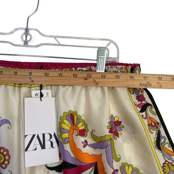Zara Wide Leg Cropped Pants Women L Muticolor Scarf Print Silky Pull On - Picture 2 of 10